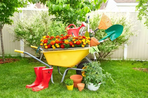 Seasonal garden maintenance work in a Wembley back garden with leaves and shrubs